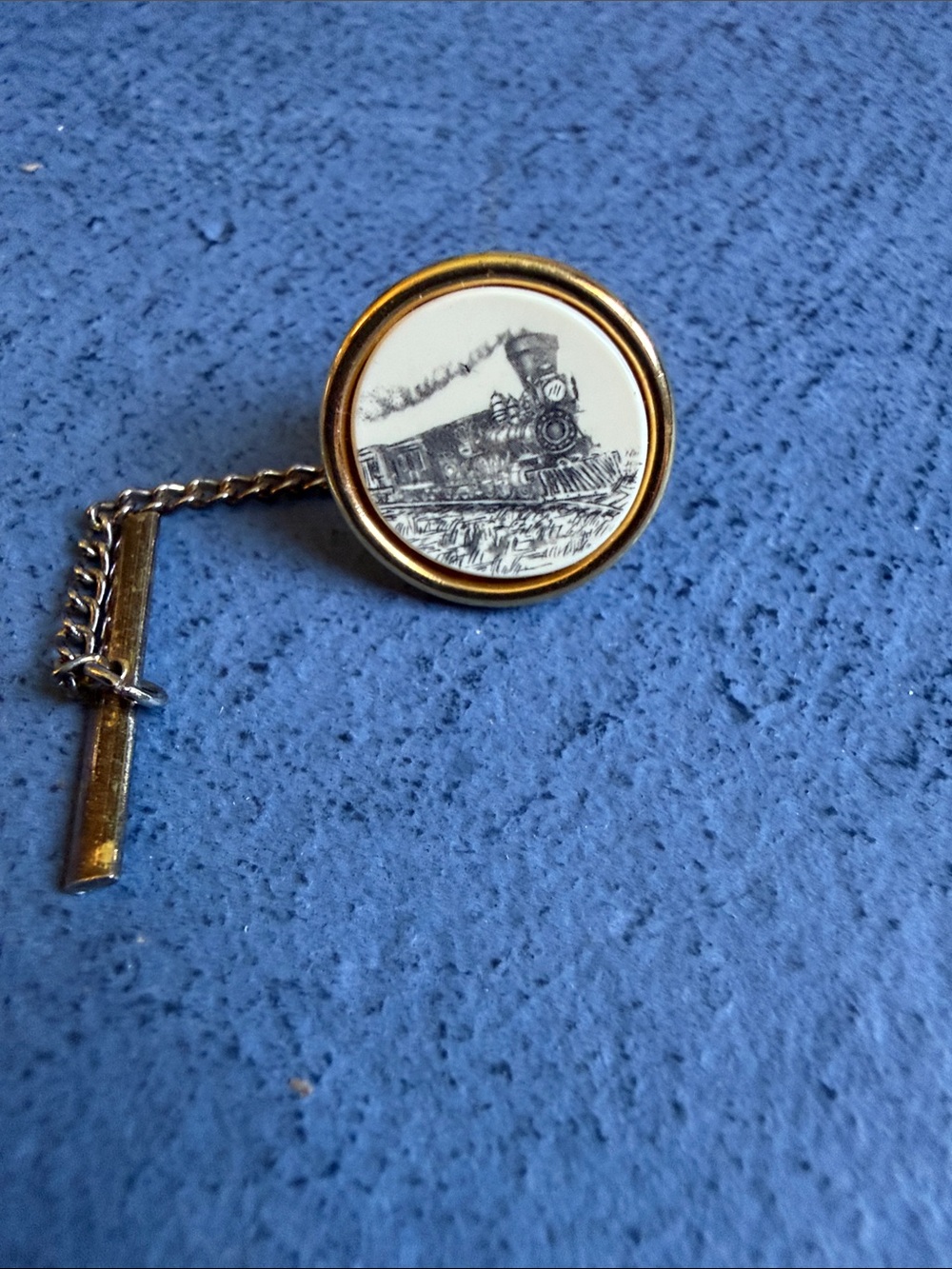 Vintage Barlow Faux Schrimshaw Locomotive Tie Tack